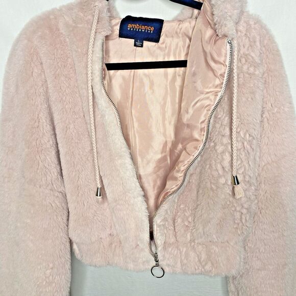 AMBIANCE Outerwear Faux Fur Jacket Hoodie Plush Cropped Zip Coat Womens L Pink - Picture 2 of 6